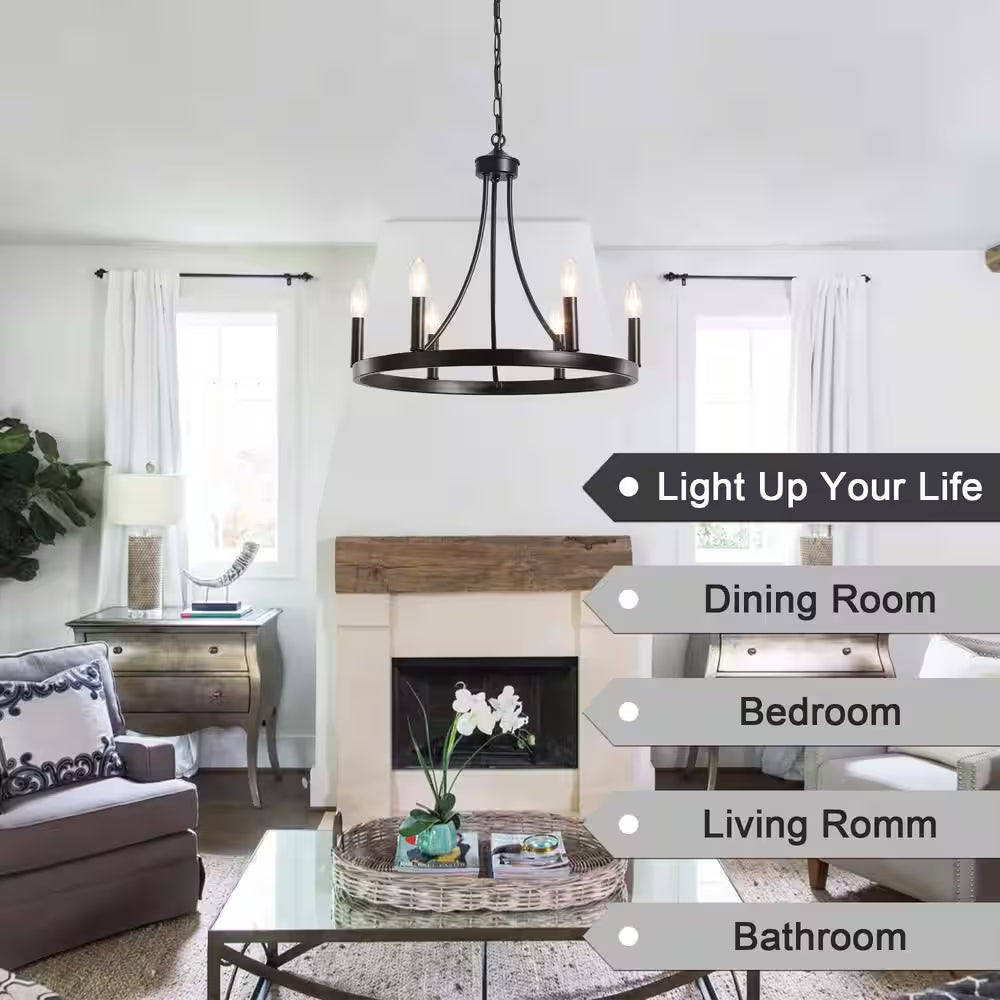 6-Light Black Farmhouse Wagon Wheel Chandelier Rustic Dining Room Pendant Light