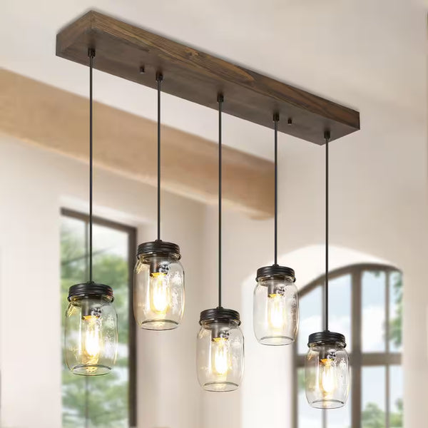 Modern Farmhouse 33 In. Wood DIY Linear Cluster Chandelier 5-Light Dark Brown Island Pendant with Rustic Mason Jar Shade