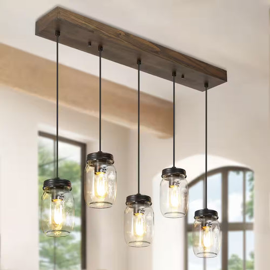 Modern Farmhouse 33 In. Wood DIY Linear Cluster Chandelier 5-Light Dark Brown Island Pendant with Rustic Mason Jar Shade