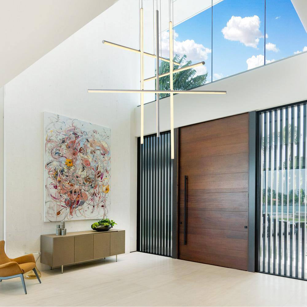 6-Lights Dimmable Integrated LED Silver Linear Chandelier for Staircase Apartment Foyer, 39.4 In.