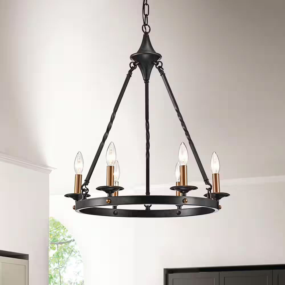 Hartwell 6-Light Antique Black Modern Farmhouse round Candlestick Chandelier with Brass Candle Sleeves