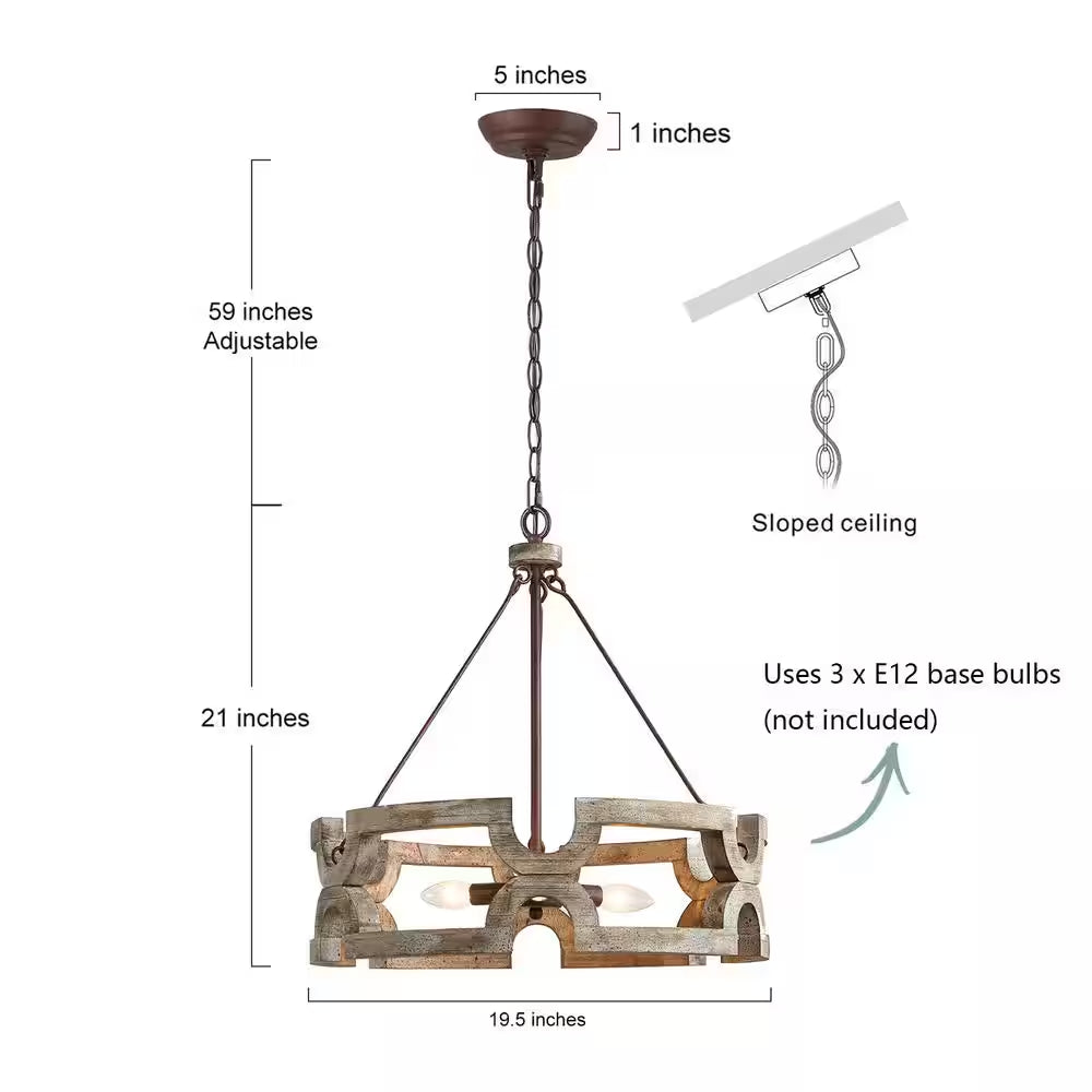 Modern Farmhouse Solid Wood Drum Island Chandelier 3-Light Rustic Brown Pendant Light for Dining Room Kitchen Entryway