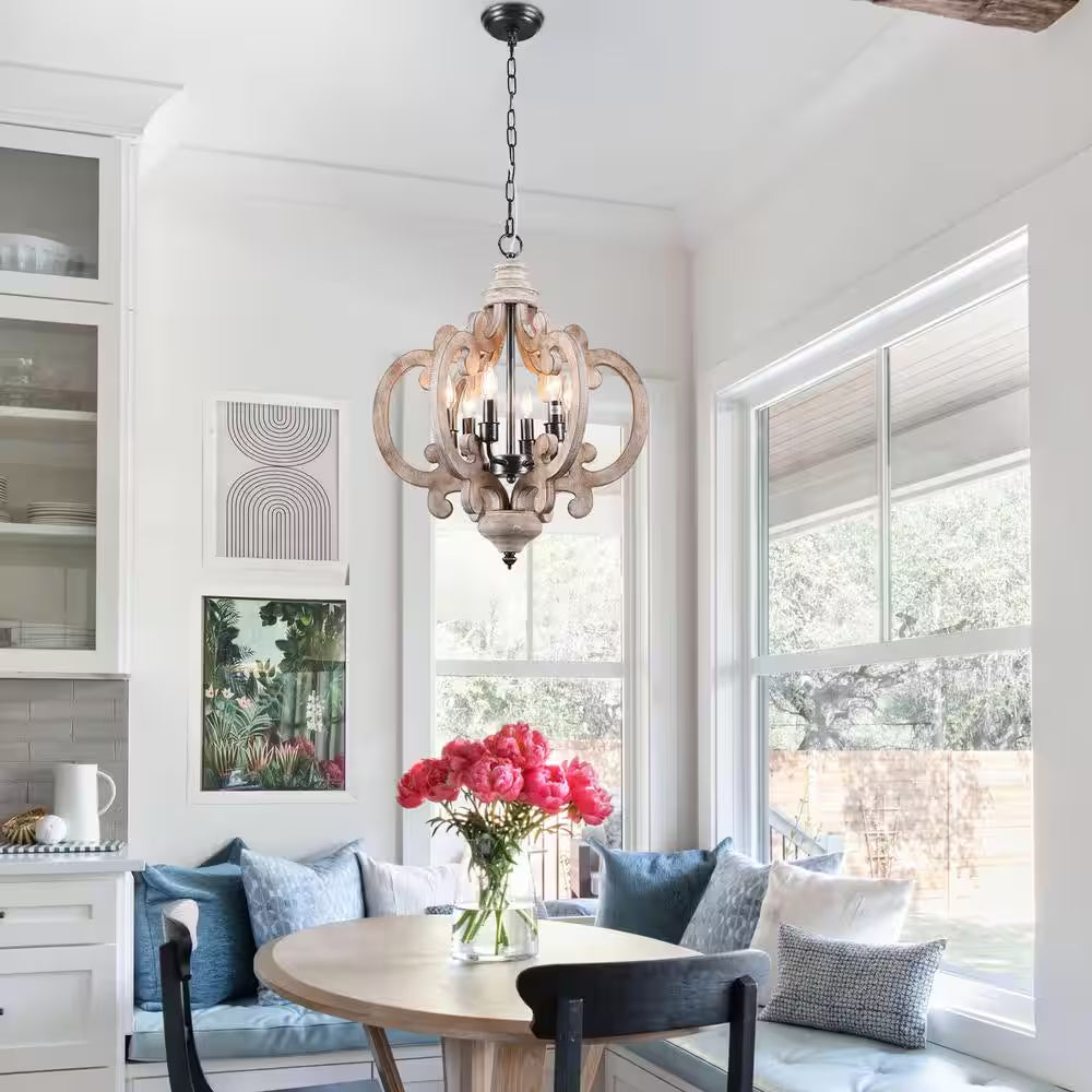 Voitto Cottage Chic Crown 6-Light Weathered Wood Chandelier, Farmhouse Wooden Pendant Light