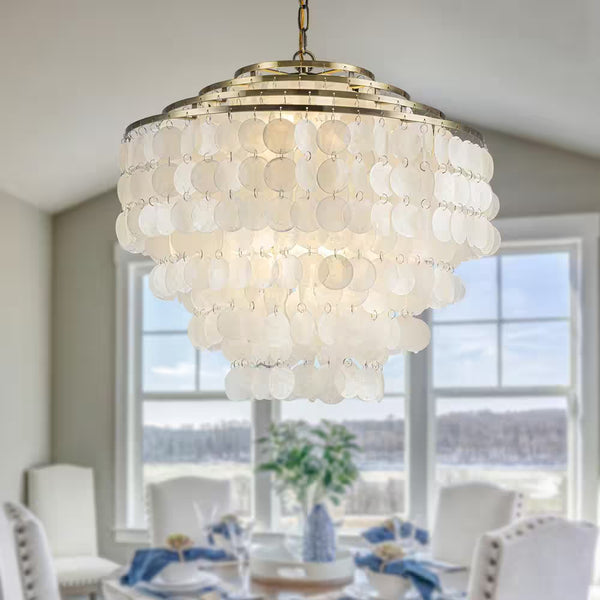 22 In. 6-Light Coastal Capiz Seahells Chandelier 4-Tier Vintage Natural Seashell Hanging-Light in Antique Gold