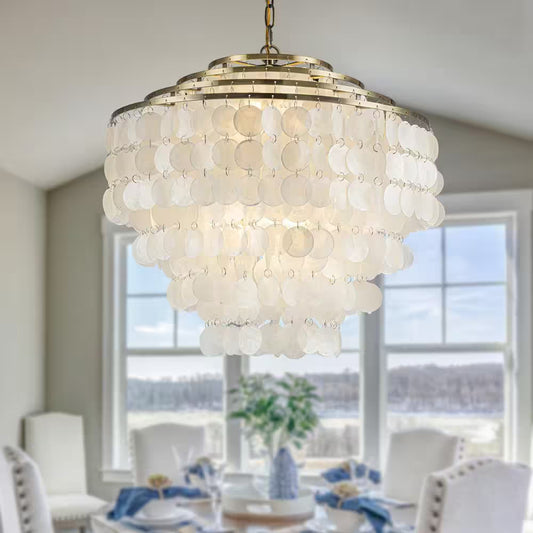 22 In. 6-Light Coastal Capiz Seahells Chandelier 4-Tier Vintage Natural Seashell Hanging-Light in Antique Gold