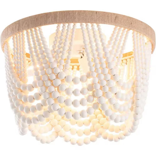 12.6 In. 3-Light Antique Rustic White Flush Mount Bohemia Wood Beaded Ceiling Light Mini Chandelier
