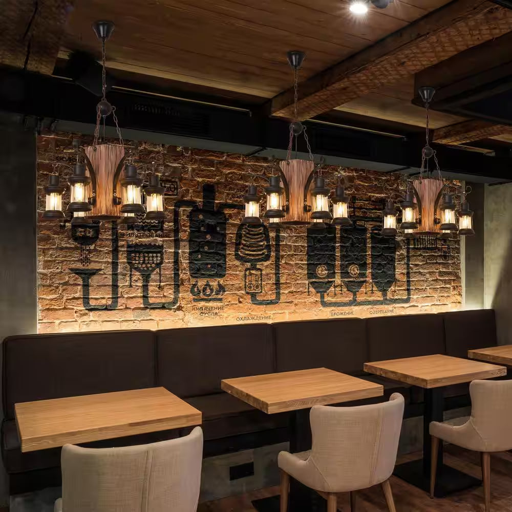 23 In. 6-Light Black Retro Rustic Wooden Chandelier for Dining Room, No Bulbs Included