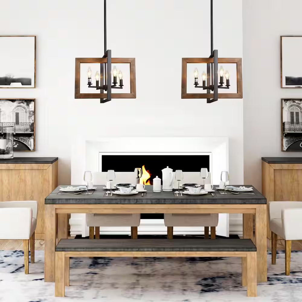 Farmhouse 4-Light Solid Wood Candlestick Chandelier with Black Frame Cottage Ceiling Light for Kitchen Island
