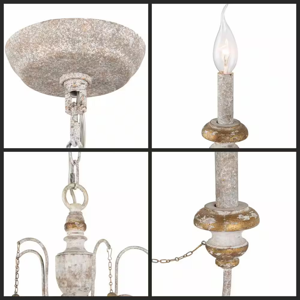 Eliza Farmhouse 5- -Light Dining Room White Wood Chandelier with Elegant French Country Design Gold Beads Curtain