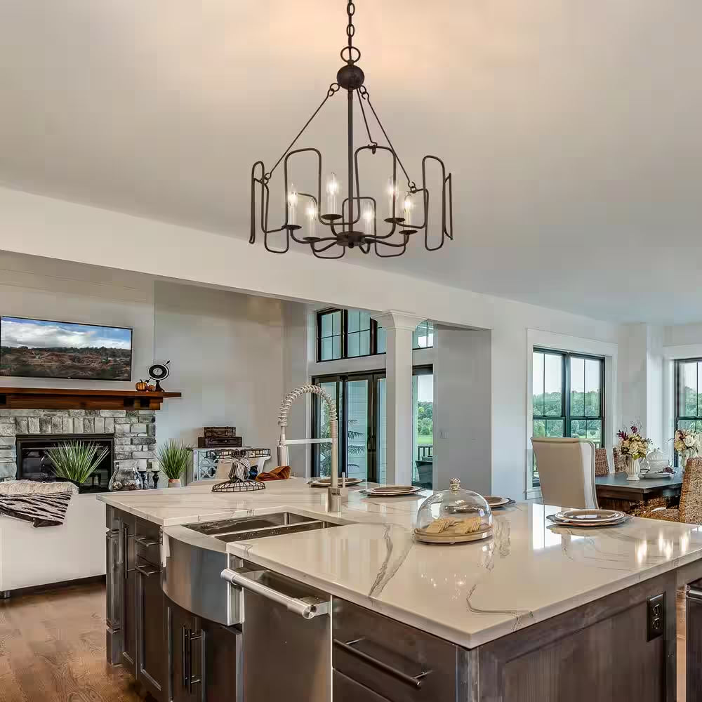 Rustic Brown Drum Dining Room Chandelier, 6-Light Cottage Wagon Wheel Living Room Kitchen Island Chandelier