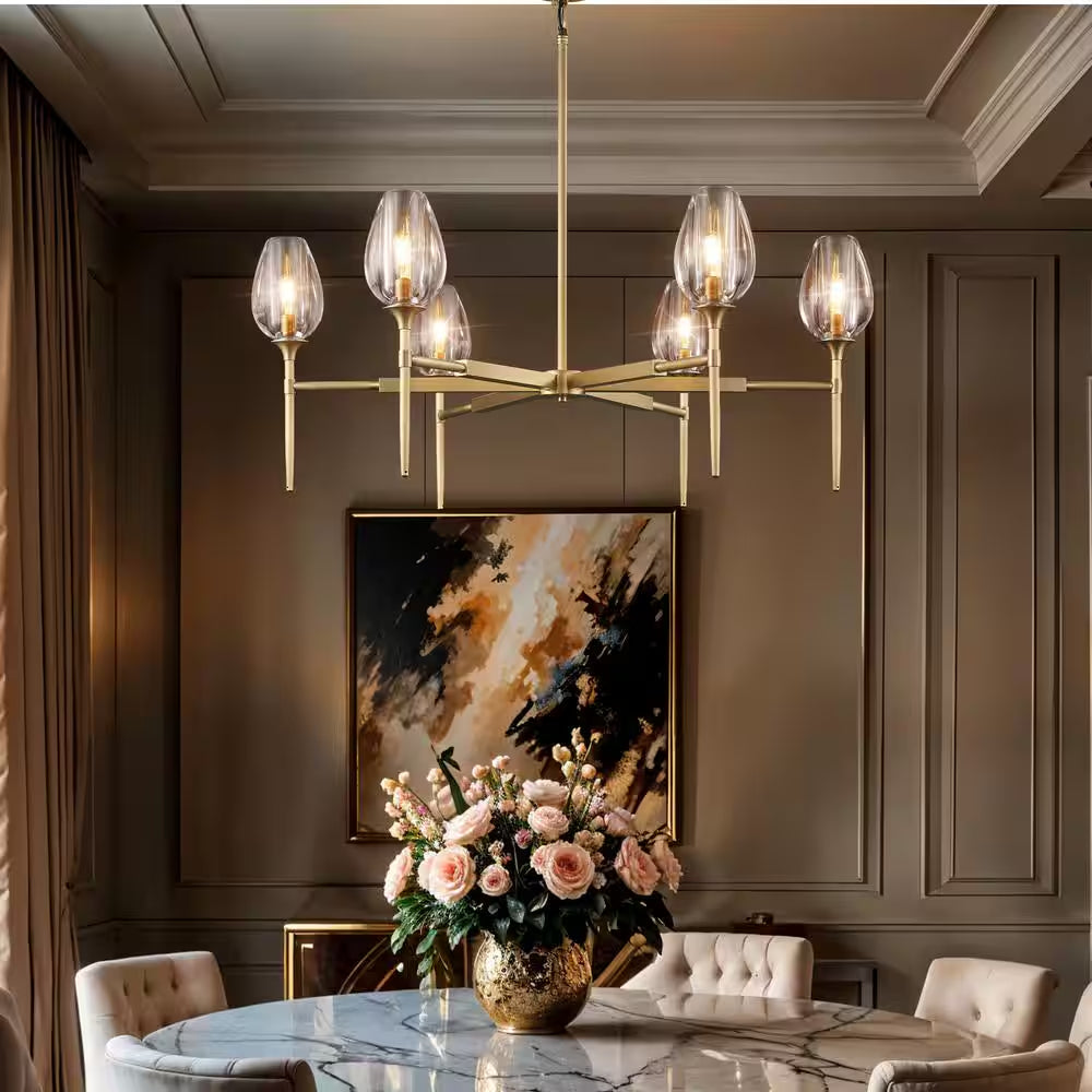 Modern Tulip Chandelier 42 In. 6-Light Gold Tulip round Chandelier for Dining Room, Living Room, Foyer, Hallway