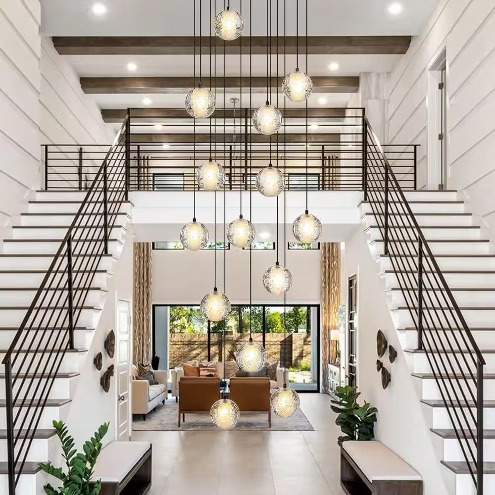 120 In. H 14-Light Black Staircase Chandelier Modern Pendant Light W/Glass Shade for High Ceiling Living Room Entryfoyer