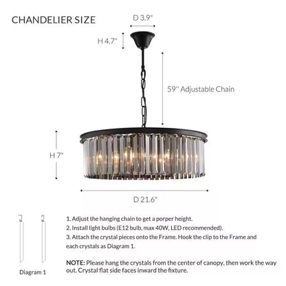 22 In. 6-Light Black Farmhouse Pendant Light Fixtures Crystal Drum Chandelier Dining Room Pendant Lighting