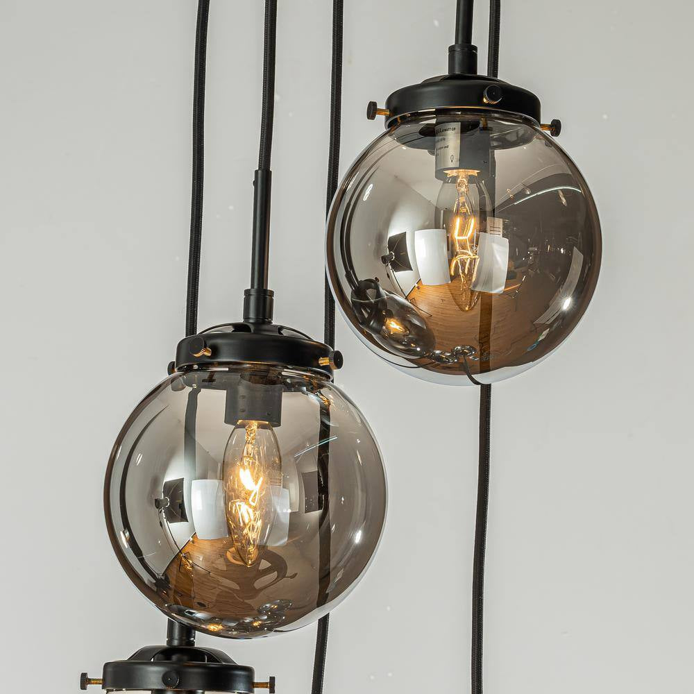 5-Light Modern Matte Black Staircase Chandelier with Smoke Globe Bubble Glass Corner Pendant
