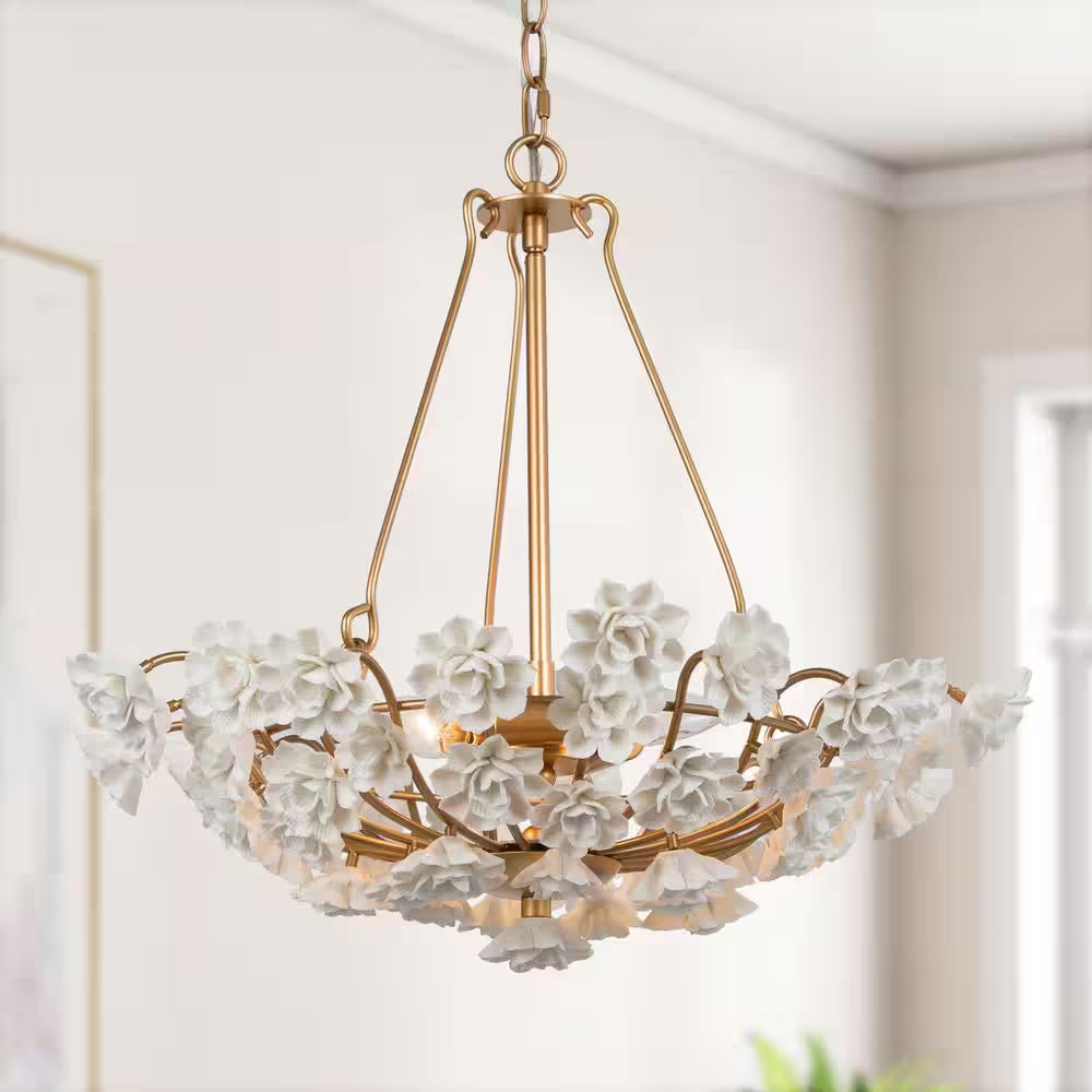 Modern Brass Gold Island Chandelier Light 3-Light round Chandelier Light with Ceramic Flowers