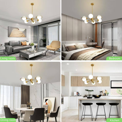 Modern 6-Light Gold Sputnik Chandeliers with Milk White Glass Shade and Height Adjustable, Bulbs Not Included