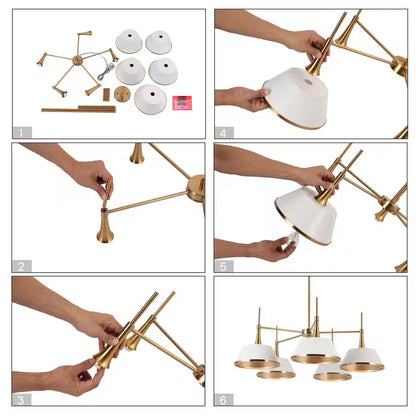 Modern 5-Light Matte White and Plated Brass Chandelier Contemporary Island Ceiling Light with Bell Shade for Living Room