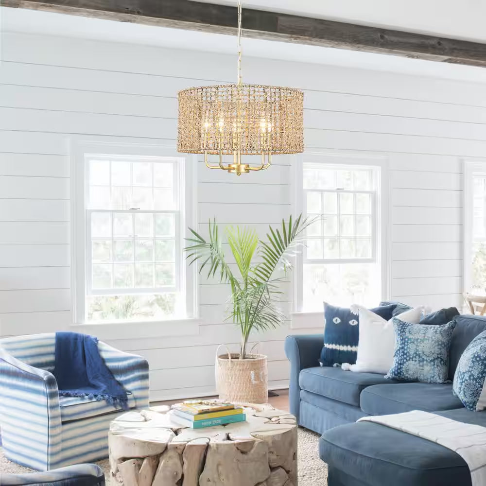 Nevarez 18.9 In. 5-Light Gold Bohemian Pendant Natural Rattan Dimmable Chandelier with Hand Woven Drum Shade