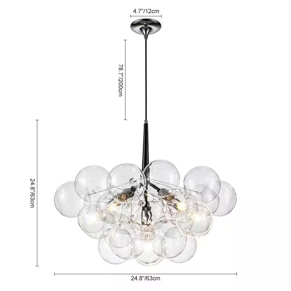 Alma 6-Light 24.8 In.W Silver and Black Cluster Bubble Chandelier with Clear Glass and Leather, LED Bulbs Included