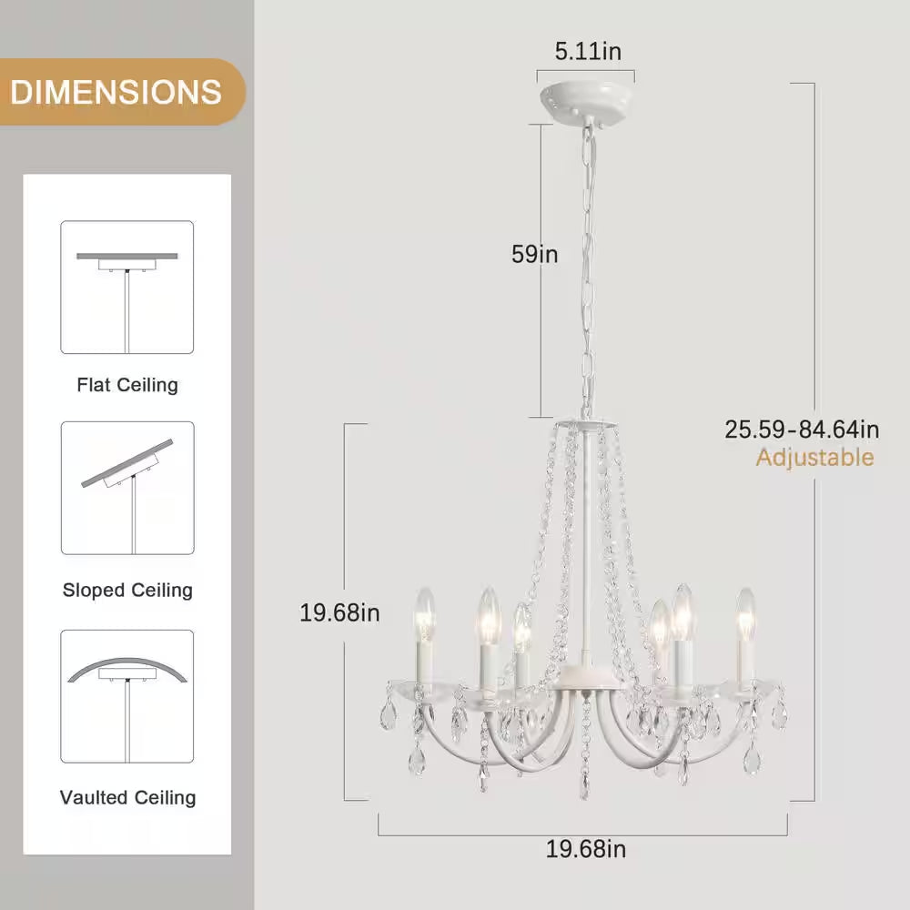 6-Light White Traditional Candle Style Crystal Chandelier for Dining Room Living Room with No Bulbs Included