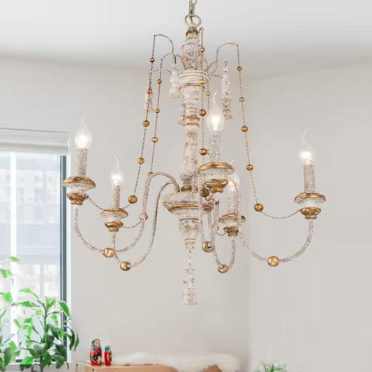 Eliza Farmhouse 5- -Light Dining Room White Wood Chandelier with Elegant French Country Design Gold Beads Curtain