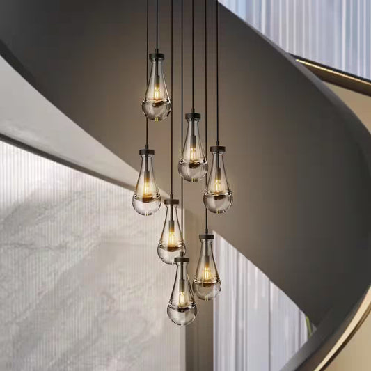 Farmhouse Chandelier 100 In. H 7-Lights Raindrop Black Chandelier for Staircase, Foyer, Living Room, Bulb Included