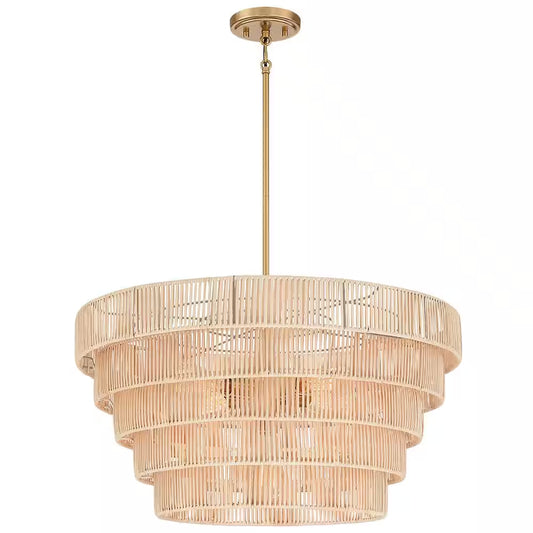 Piersan 26 In. 5-Light Brass Modern Bohemian Chandelier with Tiered Rattan Shade