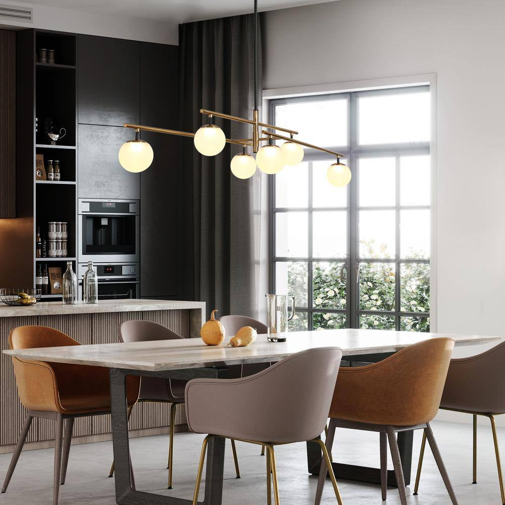 Transitional 6-Light Brass Linear Integrated LED Island Pendant Light, Globe Frosted Glass Chandelier for Dining Room