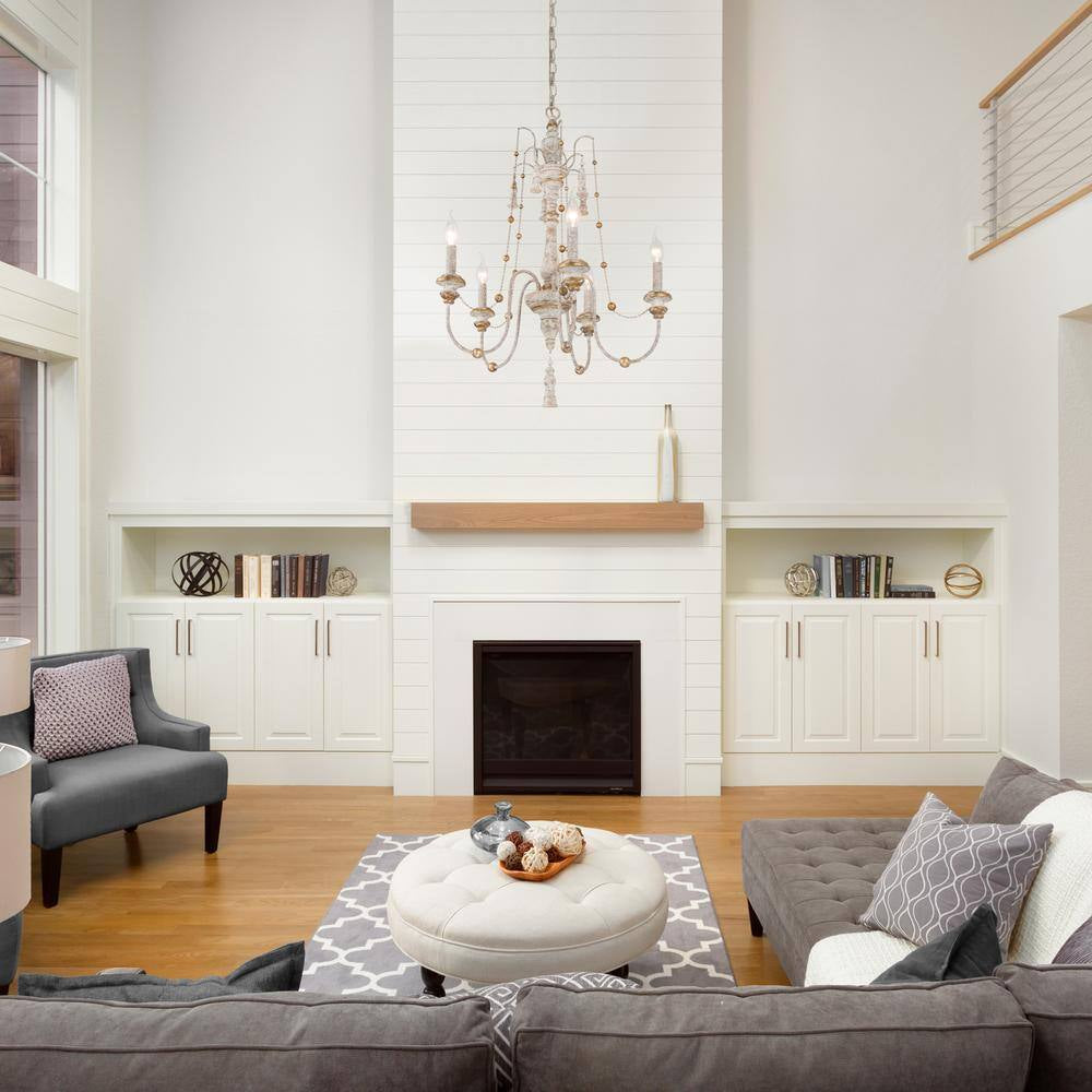 Eliza Farmhouse 5- -Light Dining Room White Wood Chandelier with Elegant French Country Design Gold Beads Curtain