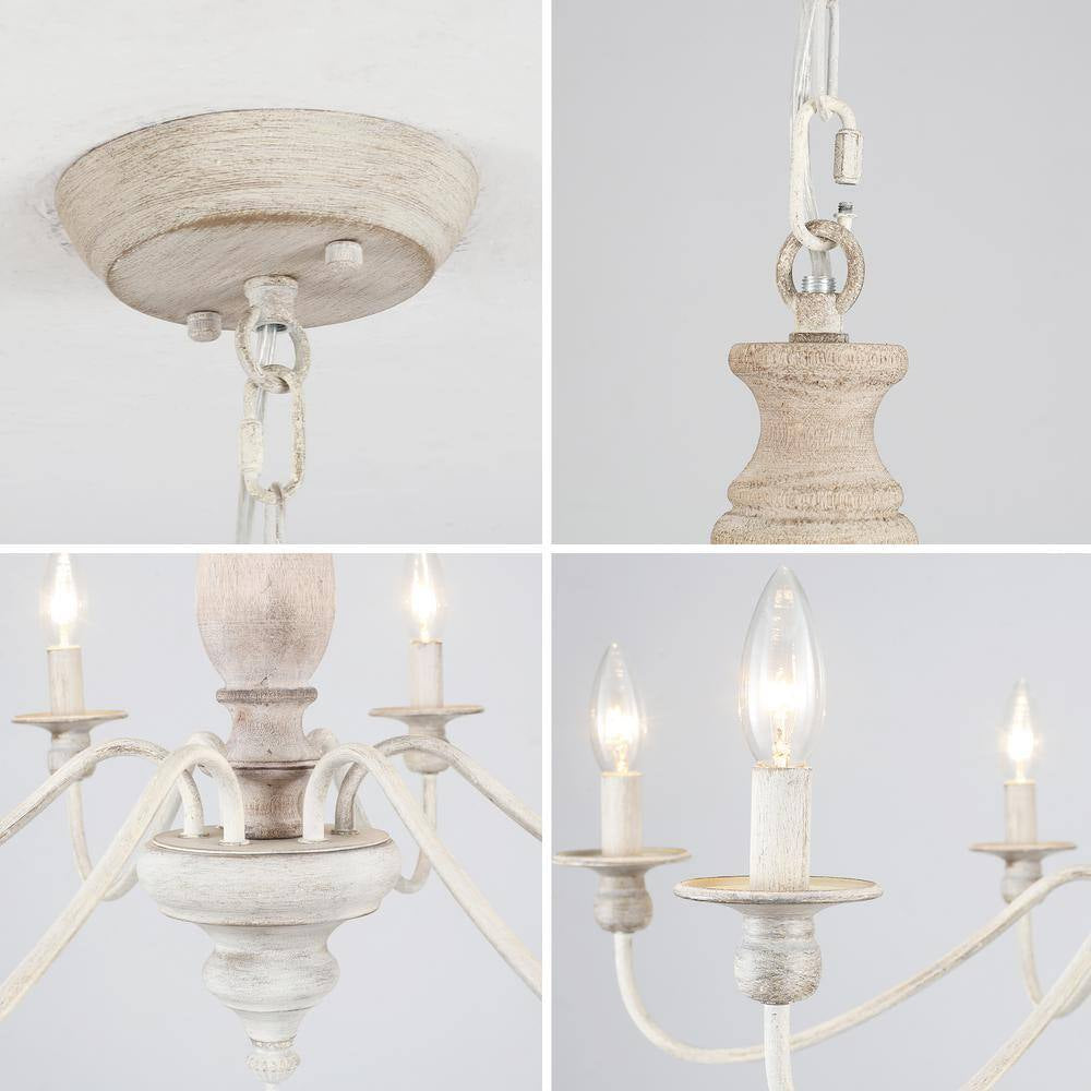 6-Light Vintage Beige Farmhouse Wood Candle Chandelier French Country Style Pendant Light