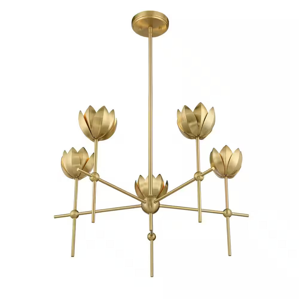26 In. W X 14 In. H 5-Light Natural Brass Bohemian Chandelier with Metal Shades