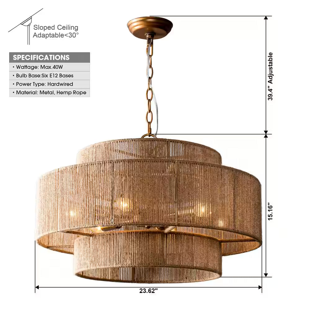 Farmhouse 6-Light Gold 2-Tiered Chandelier with Woven Rope Shade for Living Room Bedroom Dining Room