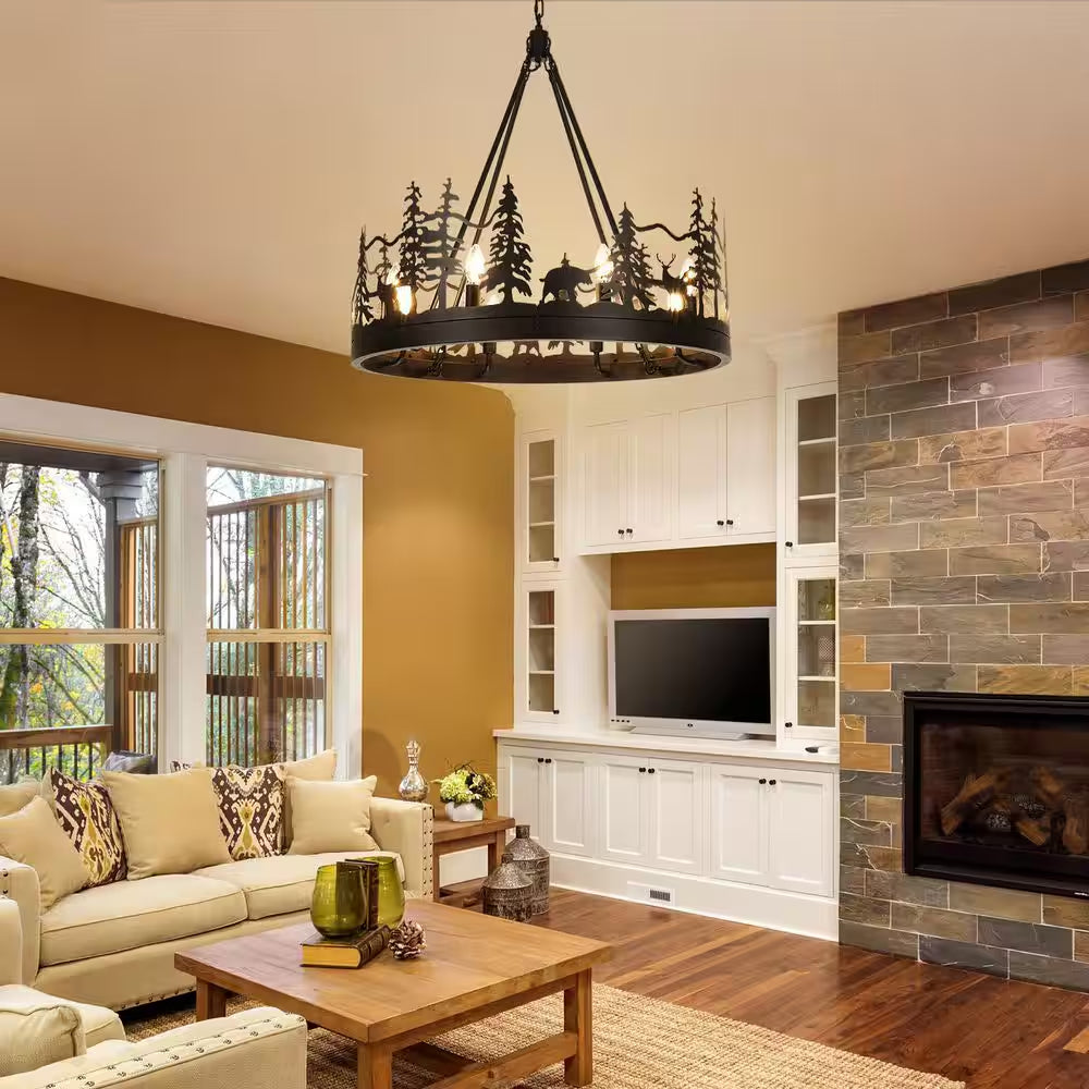 8-Light Black Ambient Rustic Chandelier Wagon Wheel Farmhouse Chandelier for Dining Living Room Foyer