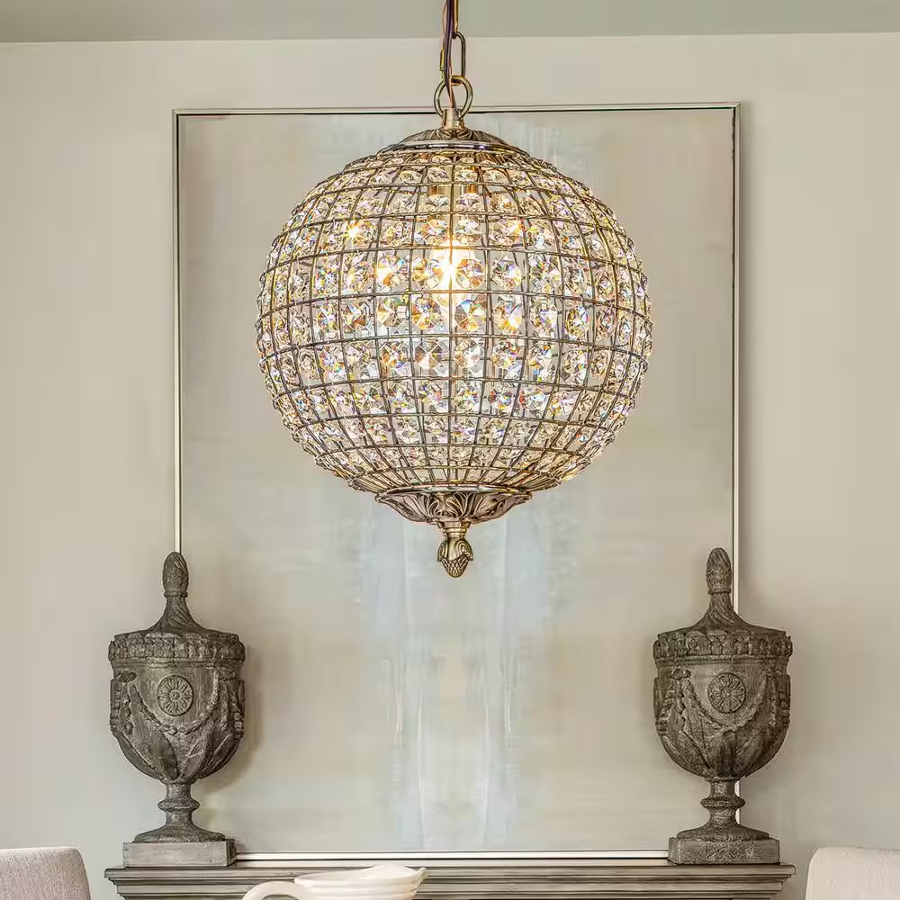 12 In. 1-Light Retro Antique Gold Crystal Globe Chandelier Small Sphere Pendant Light