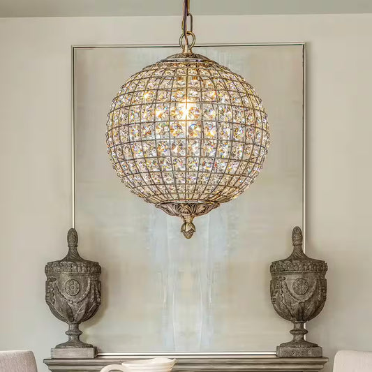12 In. 1-Light Retro Antique Gold Crystal Globe Chandelier Small Sphere Pendant Light