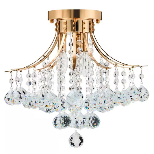 15.4 In. 3-Light Gold Crystal Chandelier Flush Mount Ceiling Light Fixture
