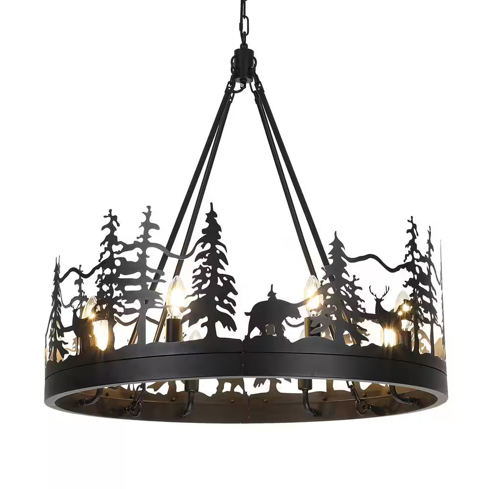 8-Light Black Ambient Rustic Chandelier Wagon Wheel Farmhouse Chandelier for Dining Living Room Foyer