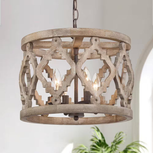 Rustic Bronze Farmhouse Drum Island Chandelier with Solid Wood Cage Shade Classic Candlestick Chandelier 4-Light Pendant