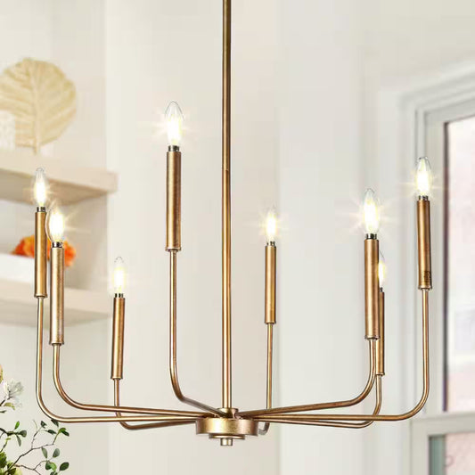 Modern Vintage Gold Chandelier 8-Light 27 In. Candlestick Farmhouse Dining Room Chandelier with Minimalist Linear Arms