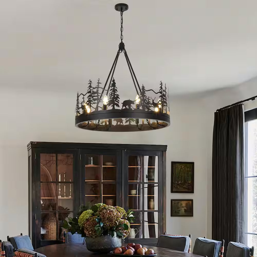 8-Light Black Ambient Rustic Chandelier Wagon Wheel Farmhouse Chandelier for Dining Living Room Foyer