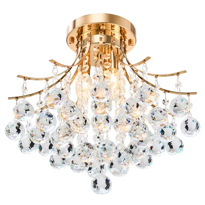 15.4 In. 3-Light Gold Crystal Chandelier Flush Mount Ceiling Light Fixture