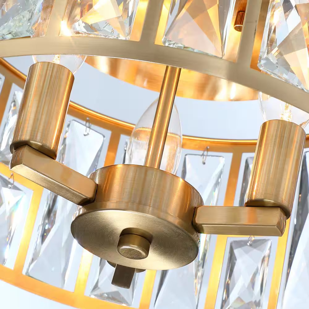 12 In. 3-Light round Modern Gold Drum Flush Mount Ceiling Light with Clear Crystal Shade