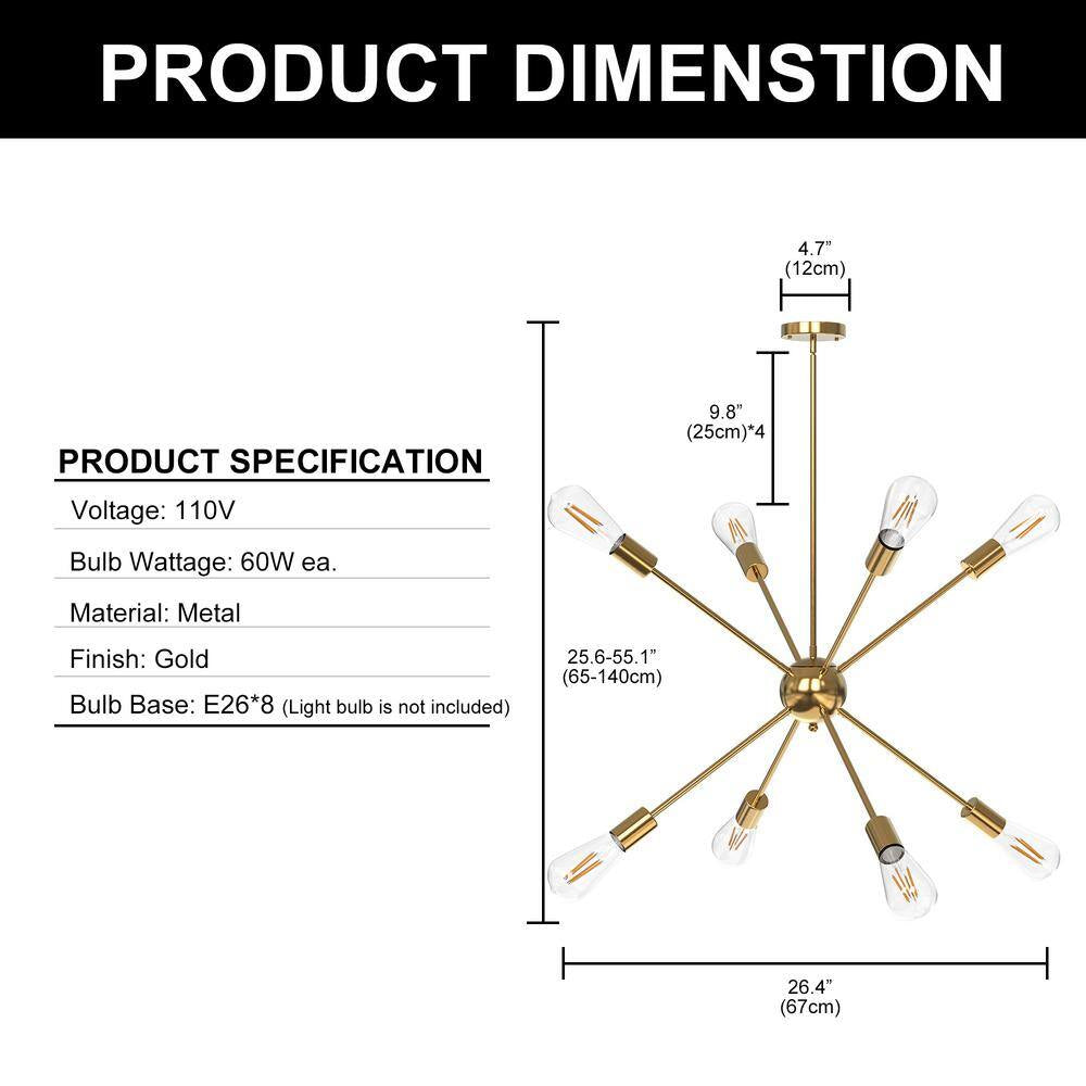 8-Light Gold Sputnik Chandeliers, Modern Ceiling Light Fixture, Farmhouse Chandelier, Kitchen Light Fixtures Pendant