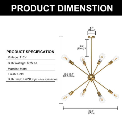 8-Light Gold Sputnik Chandeliers, Modern Ceiling Light Fixture, Farmhouse Chandelier, Kitchen Light Fixtures Pendant