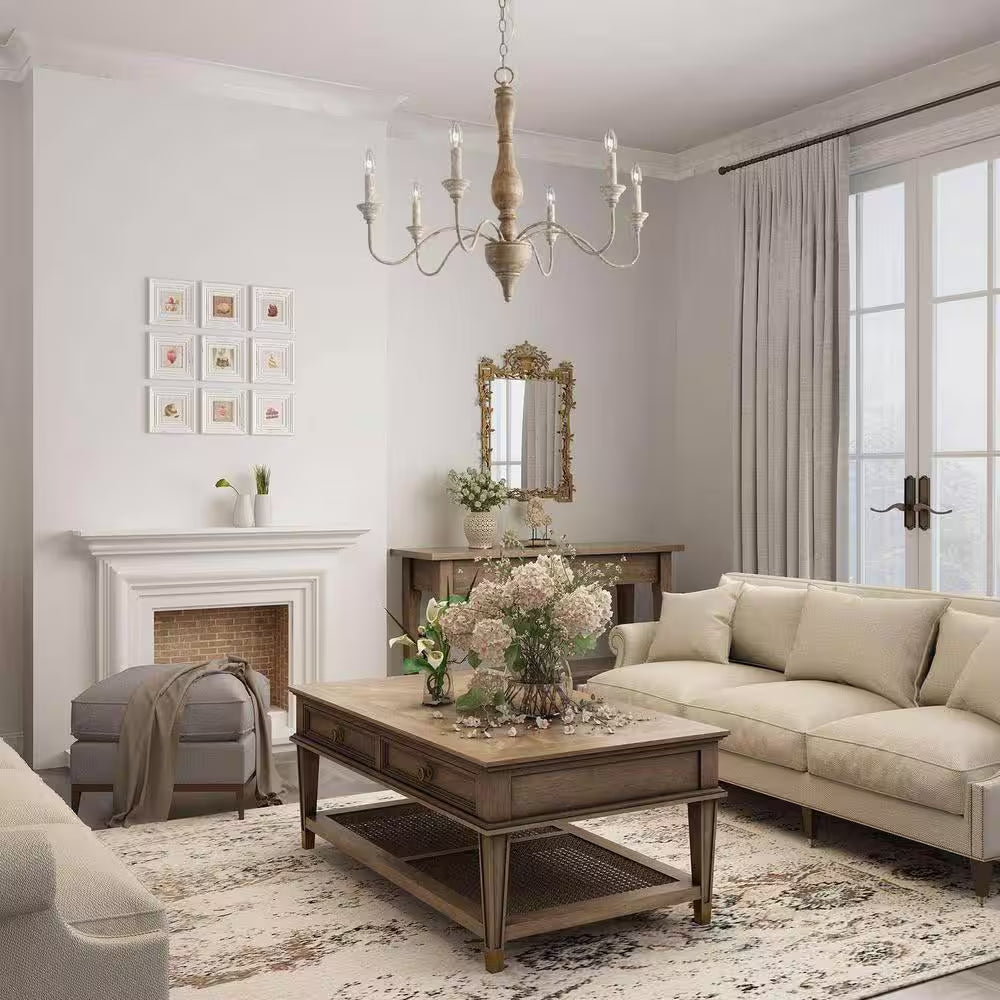 6-Light Rustic Farmhouse Wood Chandelier 29.5 In. W with Antique White French Country Accents and Classic Candle Style