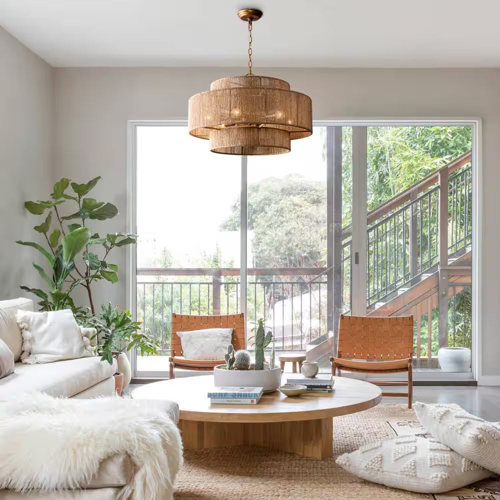 Farmhouse 6-Light Gold 2-Tiered Chandelier with Woven Rope Shade for Living Room Bedroom Dining Room
