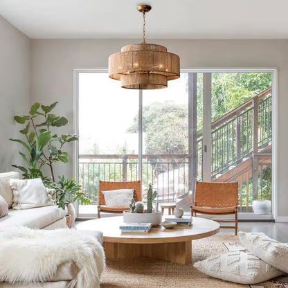 Farmhouse 6-Light Gold 2-Tiered Chandelier with Woven Rope Shade for Living Room Bedroom Dining Room