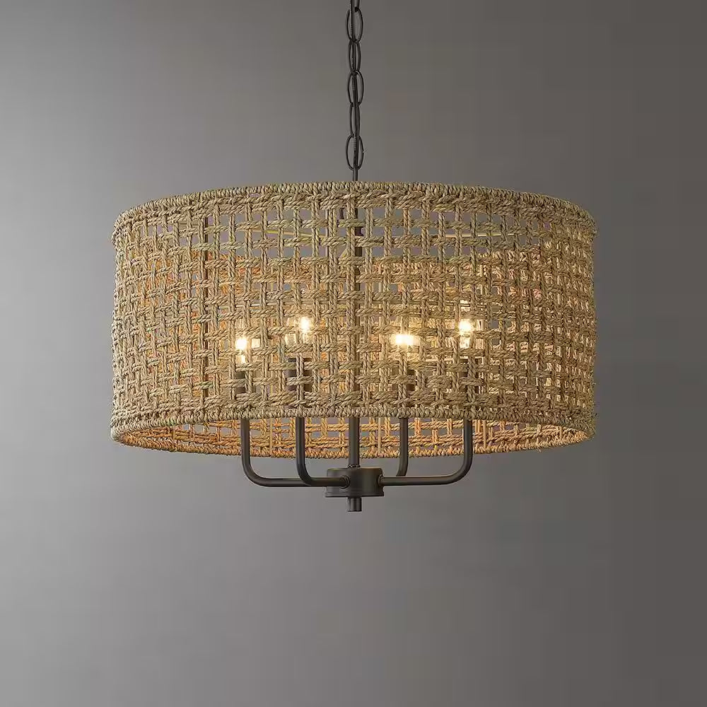 Cape 20 In. 4-Light Bohemian Drum Chandelier with Straw Hand Woven Shade