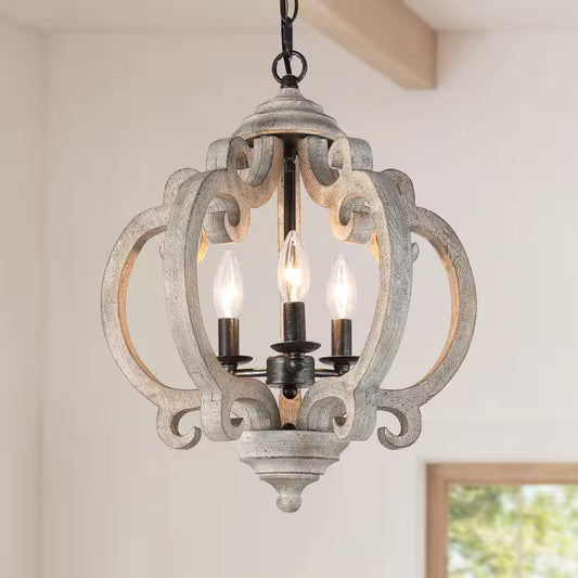Globe Wood Chandelier Washed Gray round Pendant 3-Light Farmhouse Candlestick Chandelier Rustic Hanging Lantern