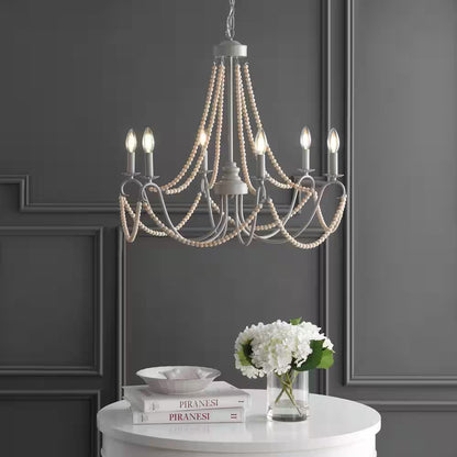 Rustica 6-Light 27 In. Grey/Natural Adjustable Greige Metal/Wood Bead LED Chandelier